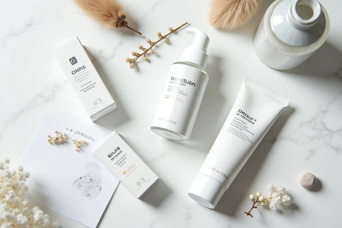 Produits de traitement de l'acné disposés sur un marbre blanc, crèmes et médicaments dermatologiques