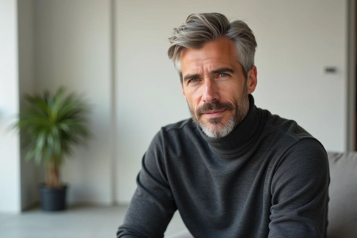 Homme mature avec reflets blonds miel sur cheveux courts grisonnants, portrait éditorial minimaliste