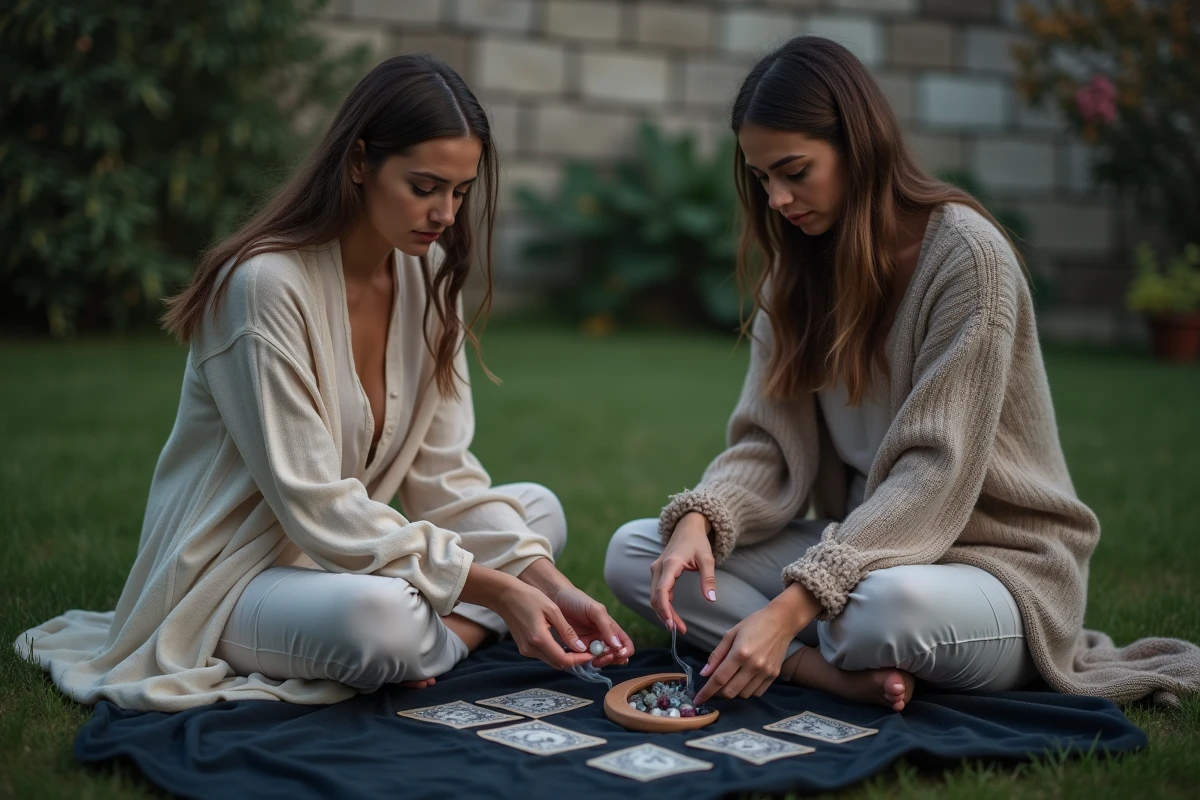 Deux femmes réalisant ensemble un rituel de pleine lune dans un jardin, disposant des cristaux et des cartes de tarot sur un tissu sombre à la lueur de la lune