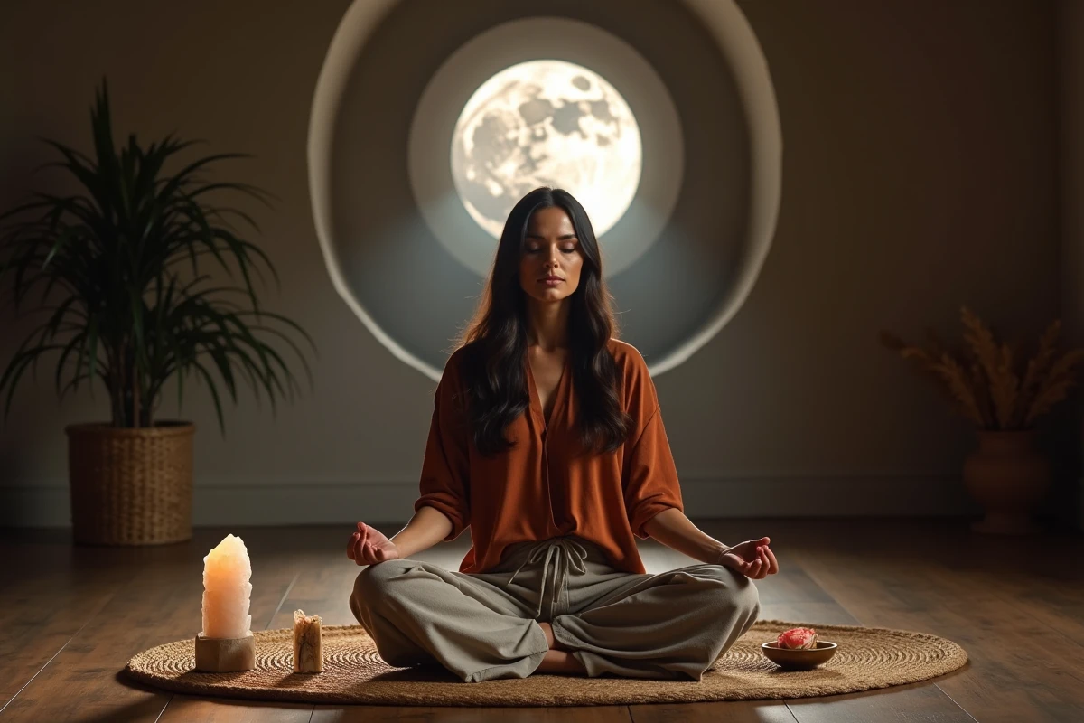 Femme assise en méditation lors d'un rituel de pleine lune à l'intérieur, entourée de cristaux, de sauge et de pétales de rose sur un sol en bois