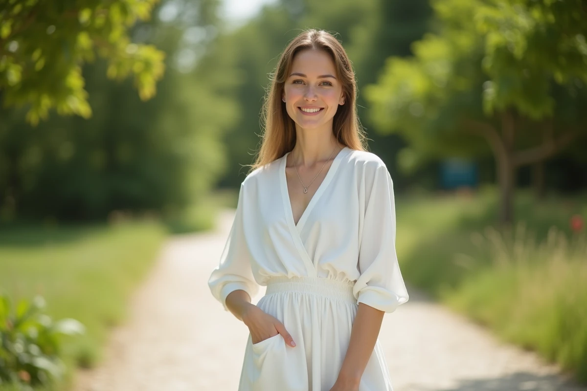 Femme portant une robe blanche opaque en plein air dans un parc, robe doublée sans transparence
