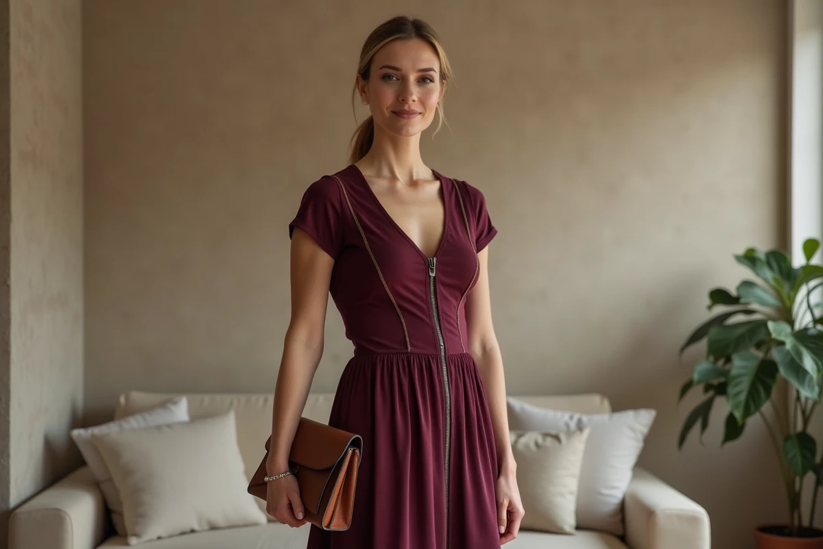 Femme portant une robe mi-longue en jersey bordeaux à col en V, coupe gainante et flatteuse pour les femmes avec du ventre