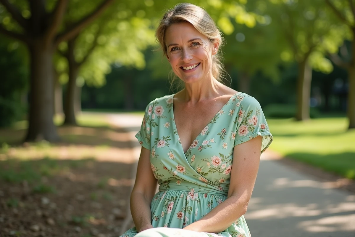 Femme en robe portefeuille à taille empire motif floral, assise dans un parc, silhouette valorisée pour les rondeurs du ventre