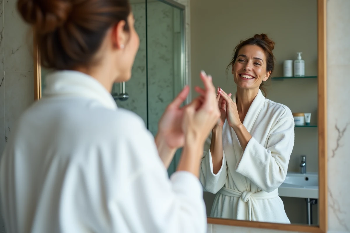 Femme mature dans sa routine beauté matinale illustrant les soins personnels et la beauté authentique
