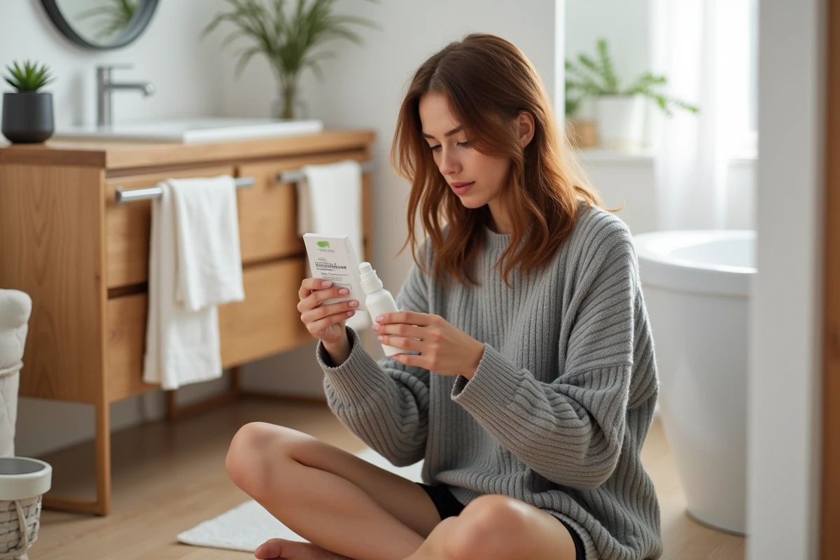 Femme lisant un produit capillaire pour cheveux fins lors de sa routine matinale