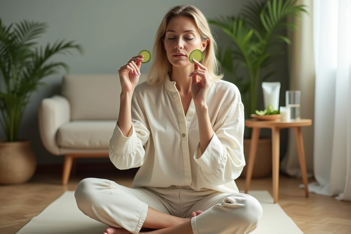 Femme pratiquant sa routine soin visage au concombre dans un salon zen et naturel