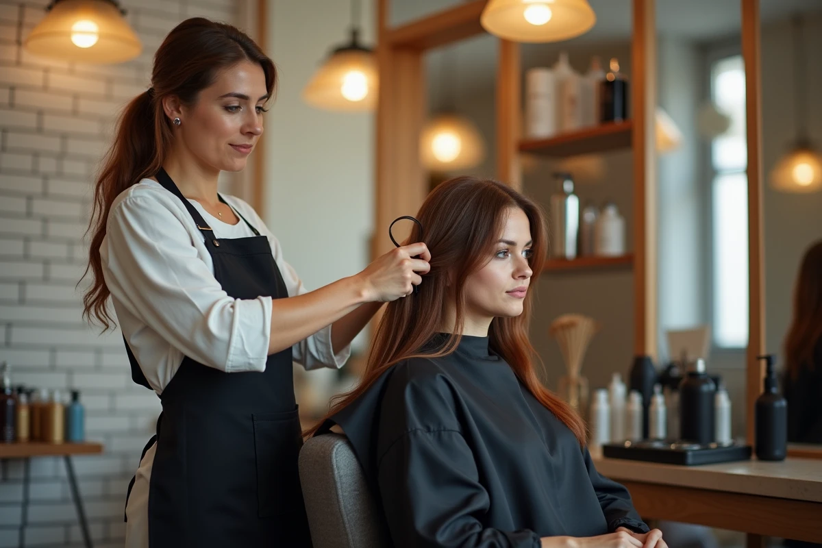 Coiffeuse professionnelle en train de couper les cheveux d'une cliente dans un salon de coiffure moderne et élégant