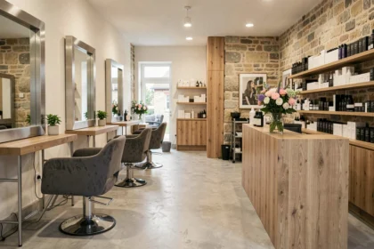 Intérieur d'un salon de coiffure moderne en Ille-et-Vilaine avec fauteuils et miroirs élégants