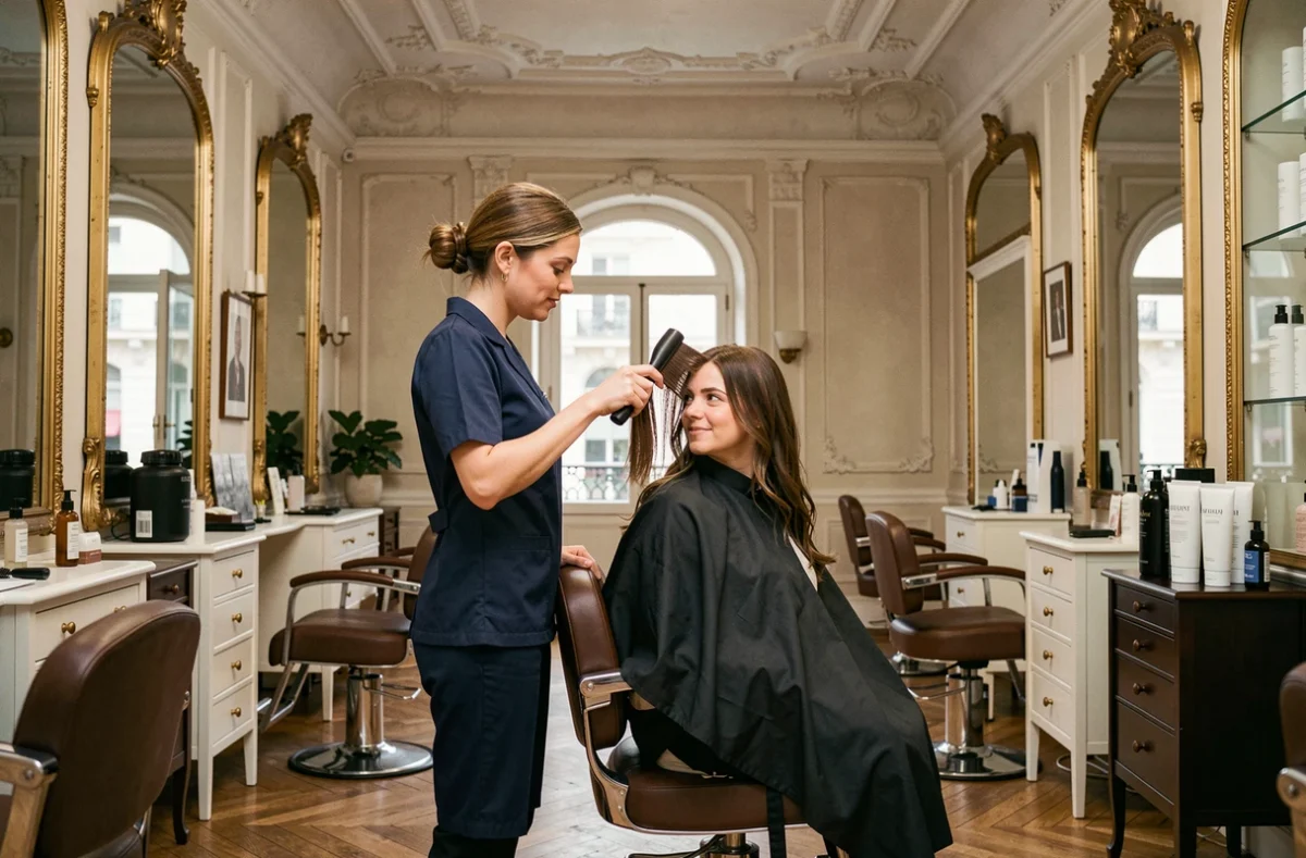 Styliste appliquant une coloration à une cliente dans le salon élégant Satory Coiffure à Versailles