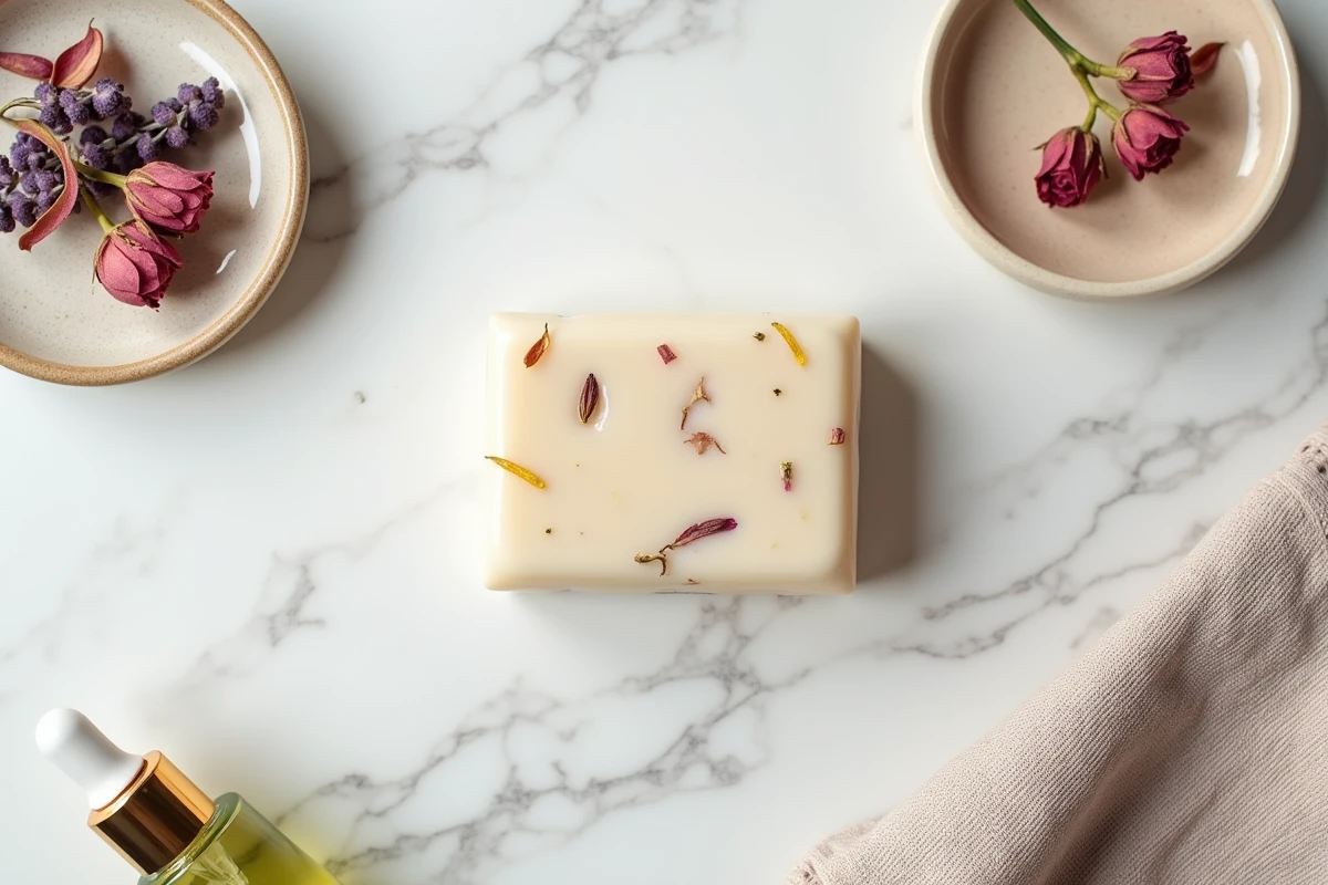 Savon artisanal anti-âge avec ingrédients botaniques sur marbre blanc, présentation spa