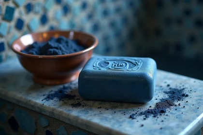 Savon Nila bleu posé sur un banc de hammam en marbre avec un kessa en cuivre et un bol en terre cuite rempli de ghassoul