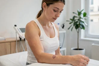 Jeune femme en studio de détatouage laser à Paris Marais examinant un tatouage en cours d'effacement sur son avant-bras