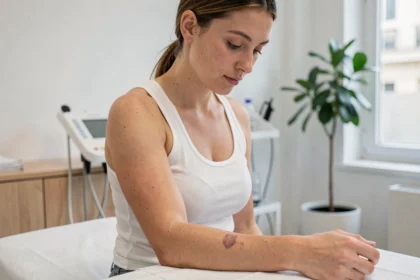 Jeune femme en studio de détatouage laser à Paris Marais examinant un tatouage en cours d'effacement sur son avant-bras