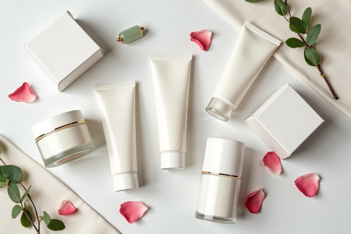 Sélection de crèmes visage haut de gamme en flat-lay sur tissu lin blanc avec accessoires de soin naturels