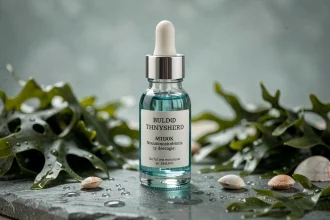 Sérum visage aux actifs marins dans un flacon en verre posé sur une pierre humide entourée d'algues et de coquillages naturels