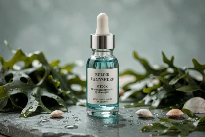 Sérum visage aux actifs marins dans un flacon en verre posé sur une pierre humide entourée d'algues et de coquillages naturels