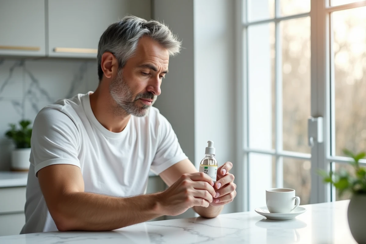 Homme lisant l'étiquette d'un sérum solaire visage dans une cuisine lumineuse en hiver