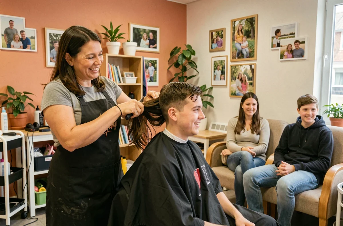Coiffeuse souriante coupant les cheveux d'un client dans le salon familial S&K Beauté et Conseils à Sartrouville