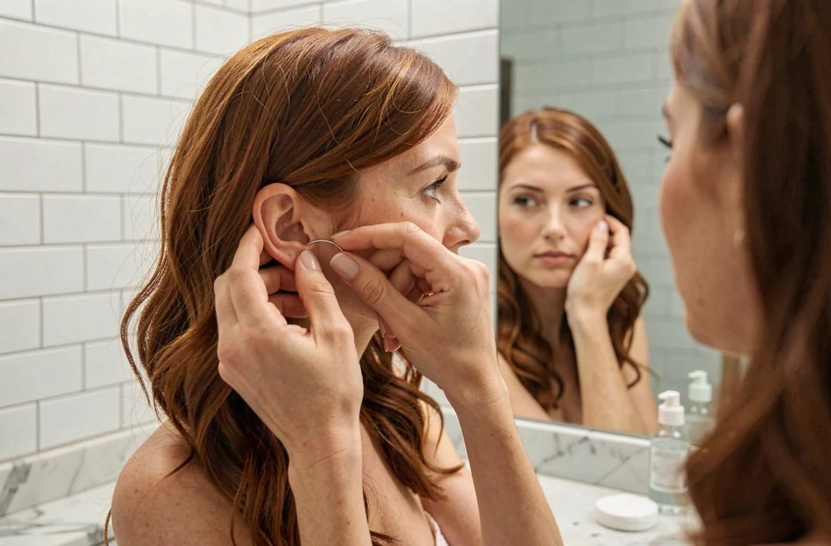 Femme examinant son piercing helix fraîchement posé dans un miroir de salle de bain lors des soins post-piercing