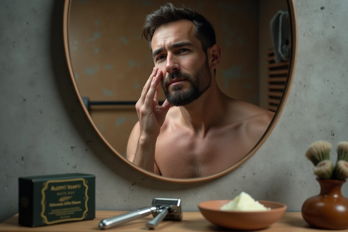 Homme appliquant un soin après-rasage naturel à base de savon d'Alep dans une salle de bain moderne avec accessoires de rasage traditionnel