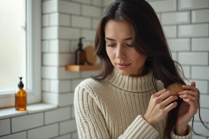 Femme prenant soin de ses cheveux secs en hiver avec un peigne à larges dents dans une salle de bain cosy