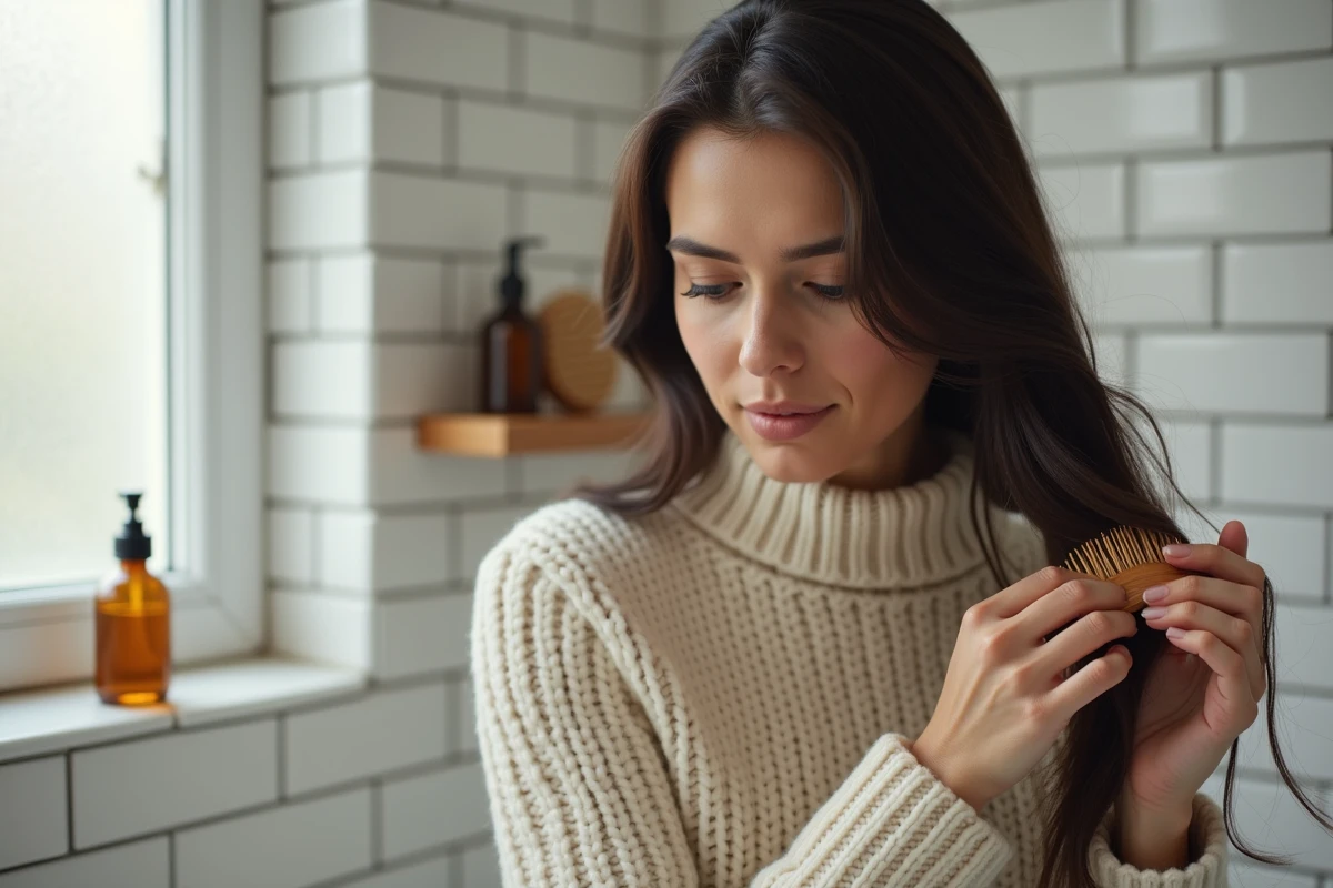 Femme prenant soin de ses cheveux secs en hiver avec un peigne à larges dents dans une salle de bain cosy