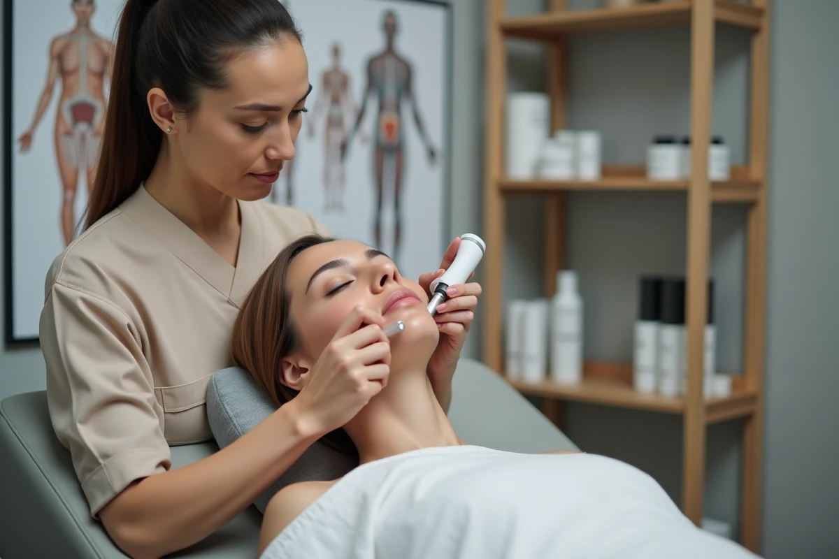 Praticienne réalisant un soin HIFU par ultrasons focalisés sur la zone du menton et du visage d'une patiente