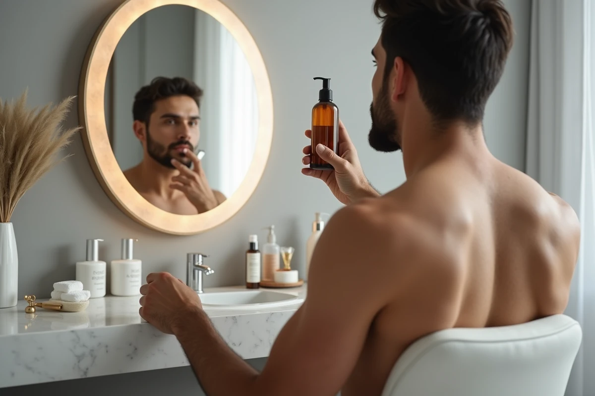 Homme aux prises avec une peau acnéique examinant son visage dans un miroir rond tout en tenant un flacon de tonique, routine de soin visage masculine