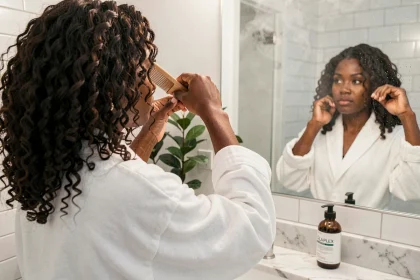 Jeune femme aux cheveux bouclés 3C utilisant un soin Olaplex dans sa salle de bain, reflet dans le miroir