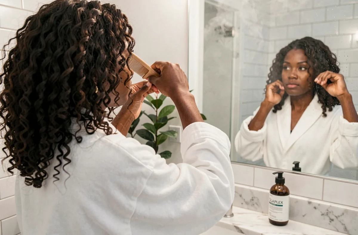 Jeune femme aux cheveux bouclés 3C utilisant un soin Olaplex dans sa salle de bain, reflet dans le miroir