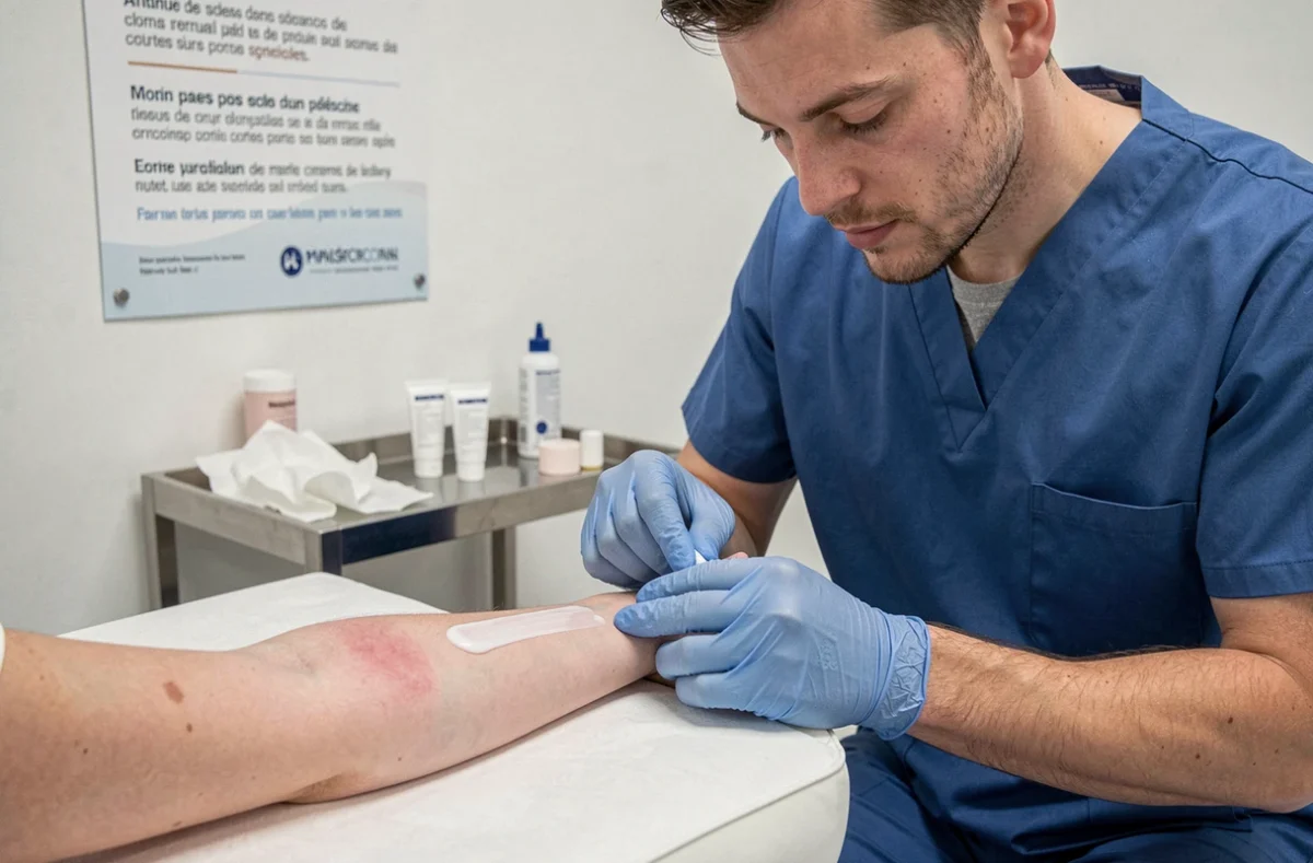Technicien appliquant une crème apaisante sur la peau d'un client après une séance de détatouage laser dans une clinique parisienne