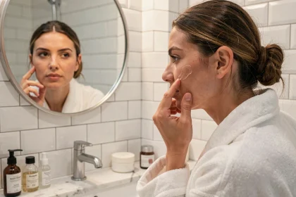 Femme appliquant un sérum sur le visage devant un miroir dans une salle de bain parisienne raffinée
