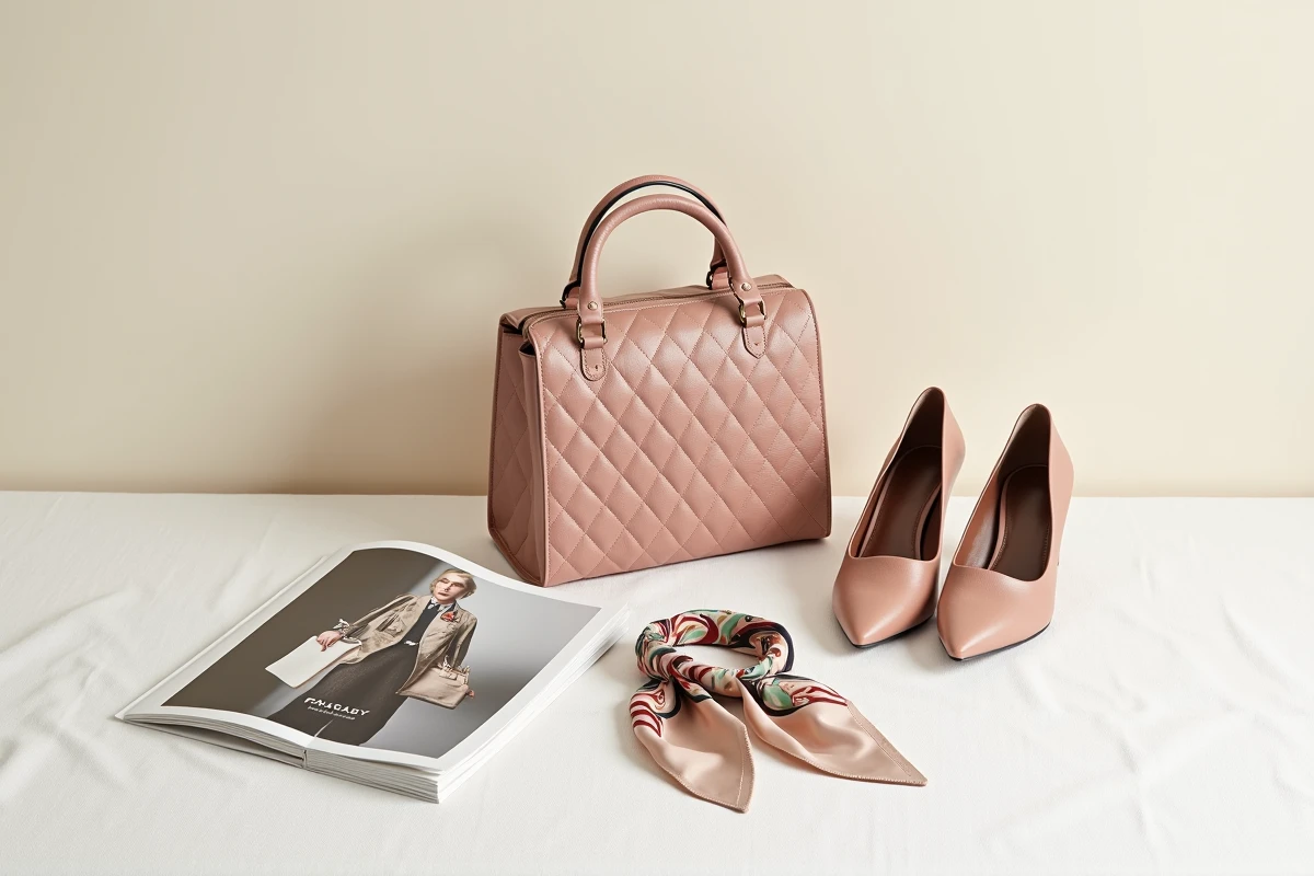 Accessoires de luxe Dior disposés en flat lay avec un catalogue de soldes sur fond blanc minimaliste