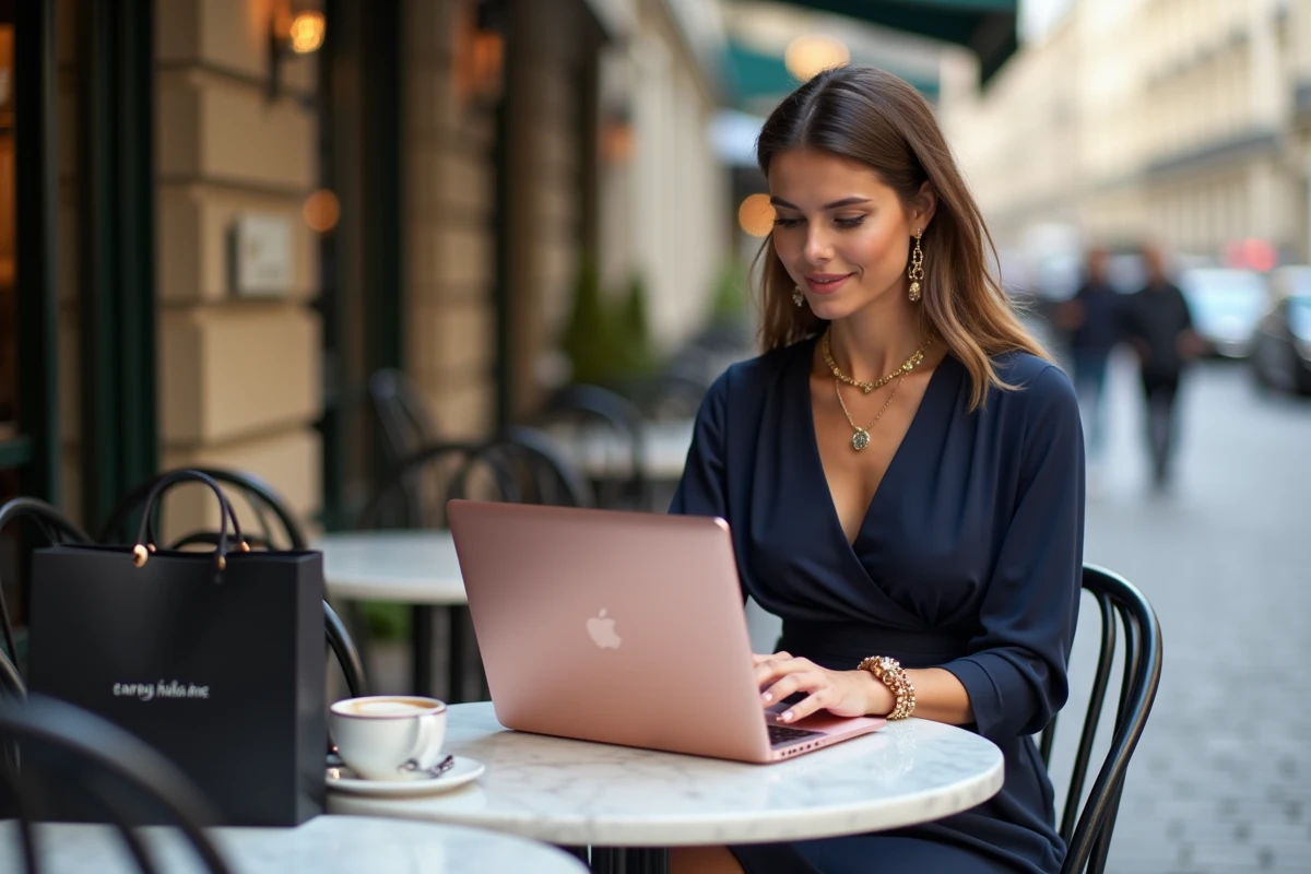 Femme parisienne consultant les soldes Dior sur un ordinateur portable dans un café avec des sacs de shopping de luxe