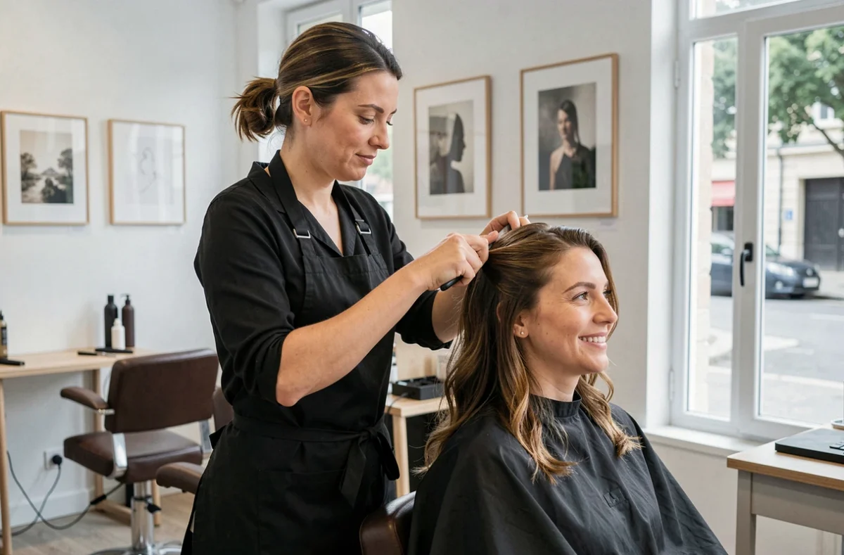 Coiffeuse professionnelle coupant les cheveux d'une cliente dans le salon Studio Castel à Maisons-Laffitte
