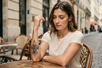 Femme avec un tatouage fleur de lys sur l'avant-bras dans un café parisien, symbolisant élégance et identité personnelle