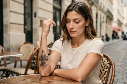 Femme avec un tatouage fleur de lys sur l'avant-bras dans un café parisien, symbolisant élégance et identité personnelle