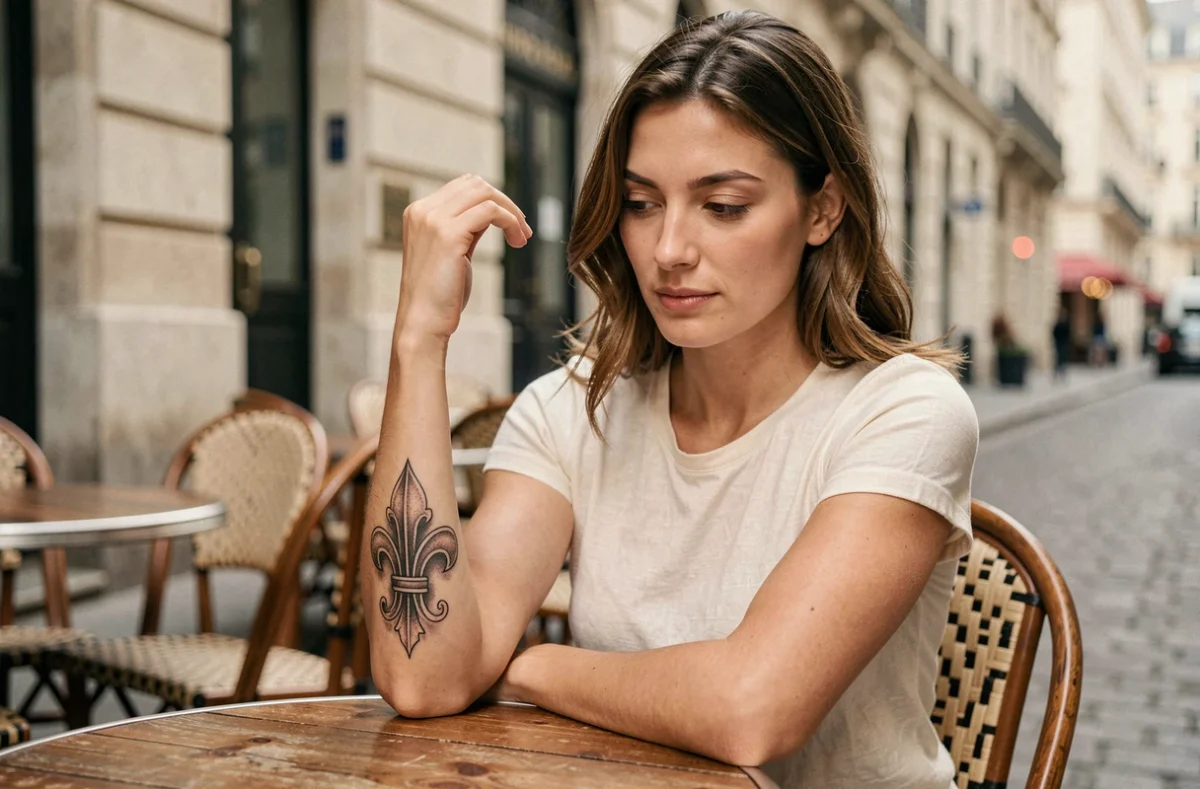 Femme avec un tatouage fleur de lys sur l'avant-bras dans un café parisien, symbolisant élégance et identité personnelle