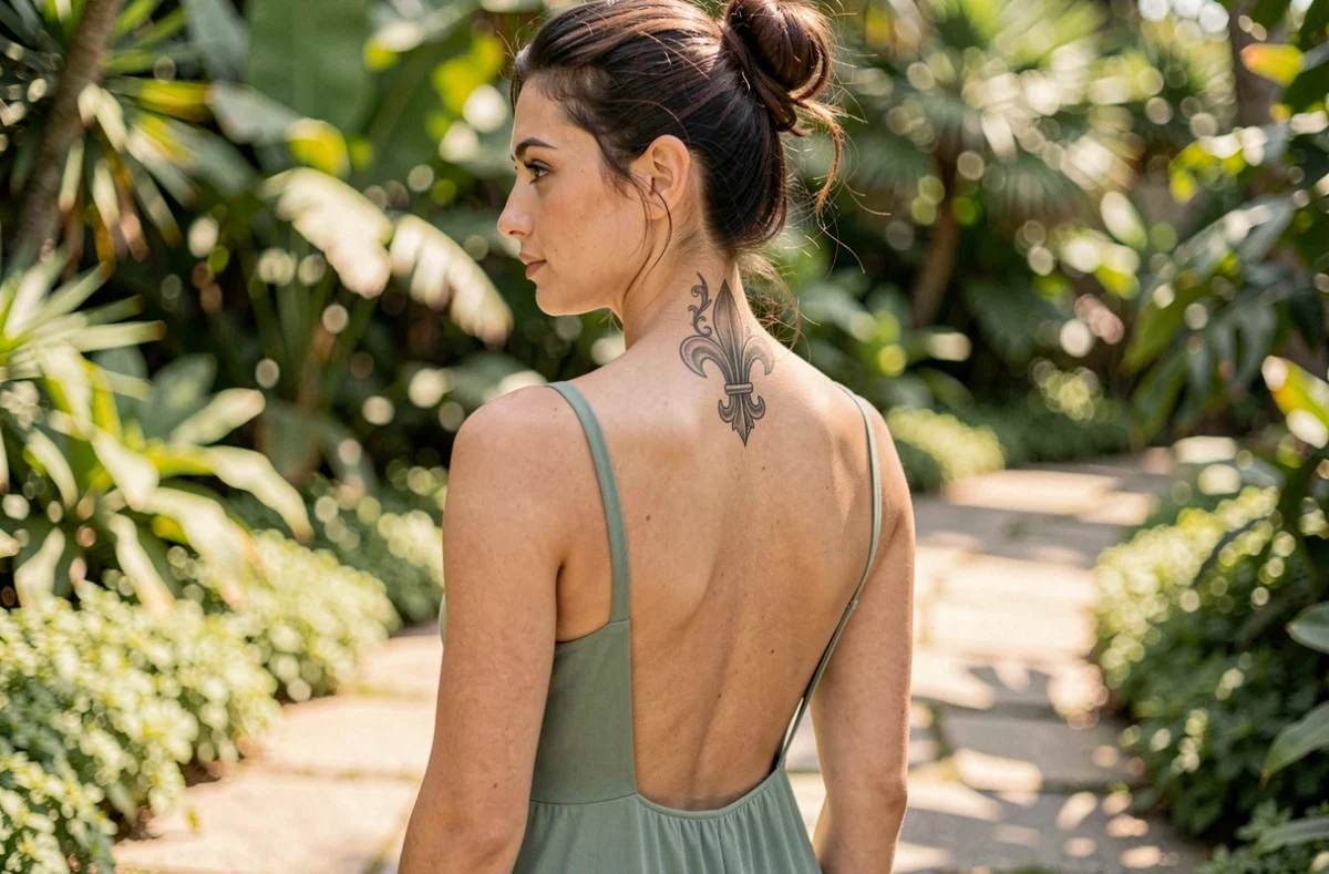 Tatouage fleur de lys dans la nuque d'une jeune femme dans un jardin botanique, alliant féminité et symbolisme royal