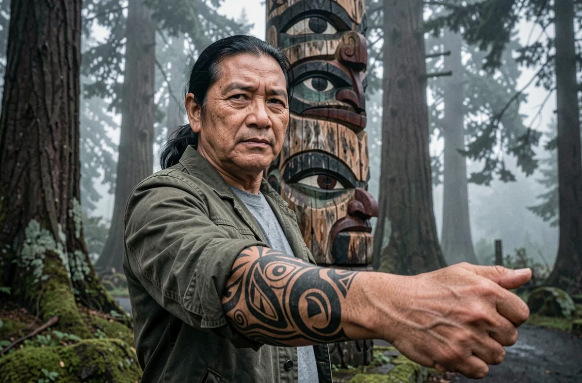 Homme autochtone des Premières Nations présentant un tatouage tribal traditionnel de la côte nord-ouest devant un mât totémique en cèdre sculpté