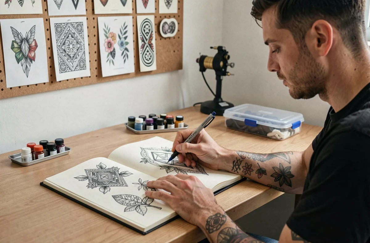 Tatoueur débutant consultant son carnet de croquis avec des designs géométriques et botaniques dans son studio
