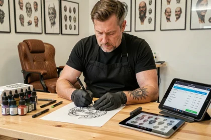 Tatoueur professionnel analysant un devis de tatouage dans son studio, entouré de matériel et d'encres organisées
