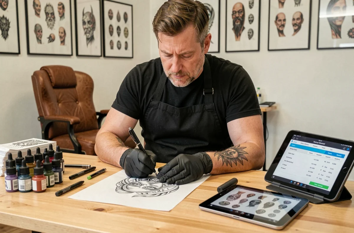 Tatoueur professionnel analysant un devis de tatouage dans son studio, entouré de matériel et d'encres organisées