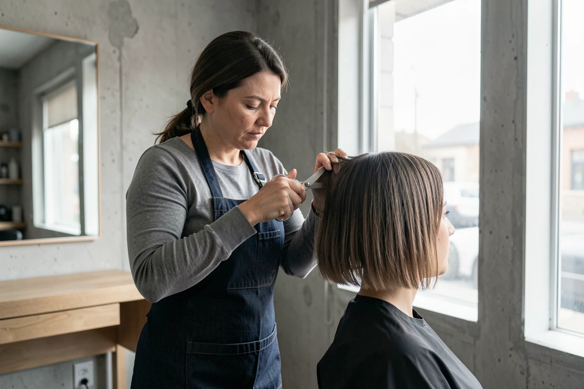 Coiffeuse professionnelle en train de réaliser un carré flou dégradé sur une cliente dans un salon minimaliste au style béton brut