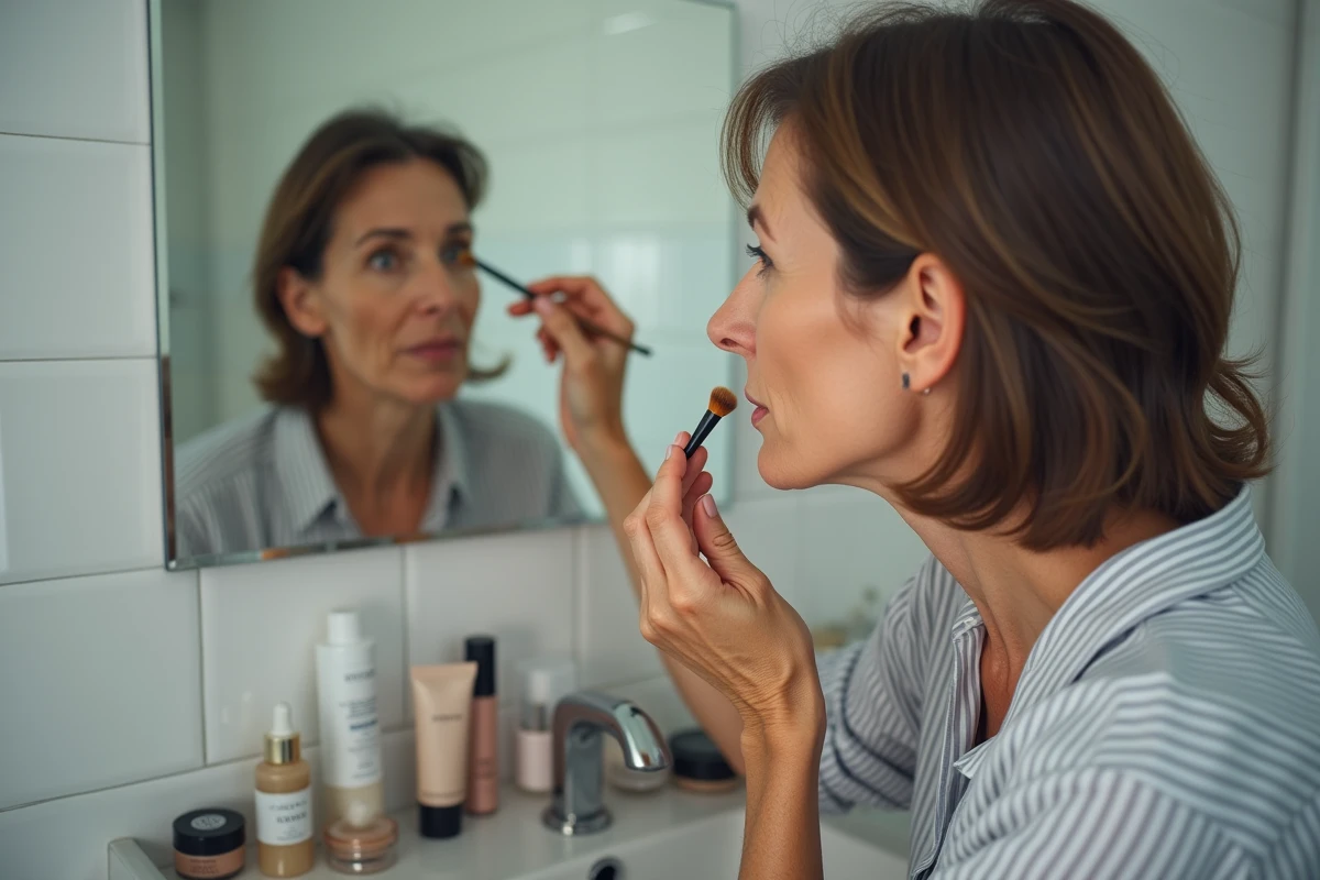 Femme d'âge mûr examinant ses rides du nez à la bouche dans un miroir grossissant avec des produits de maquillage étalés devant elle