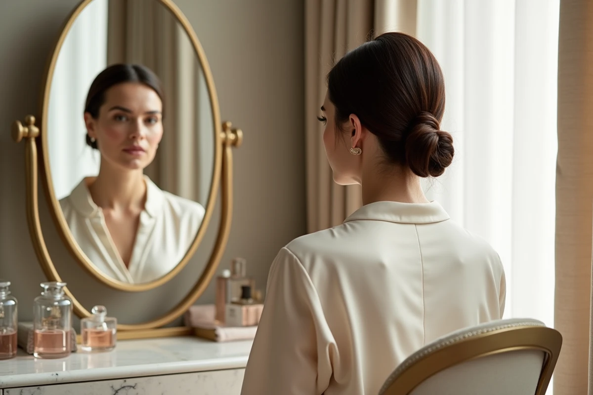 Femme de dos avec un chignon bas lisse et raie centrale tendance 2026, reflet dans un miroir de coiffeuse en marbre