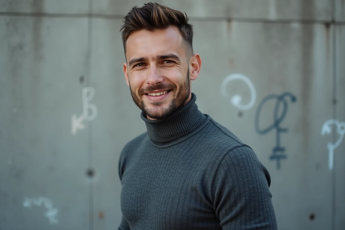 Homme avec une coupe French crop texturée et fondu sur les côtés, style coiffure tendance 2026 en extérieur urbain