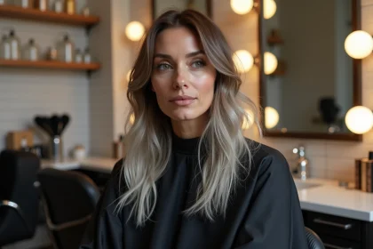 Femme en transition capillaire vers les cheveux blancs dans un salon de coiffure moderne, racines argentées visibles sur cheveux châtains colorés