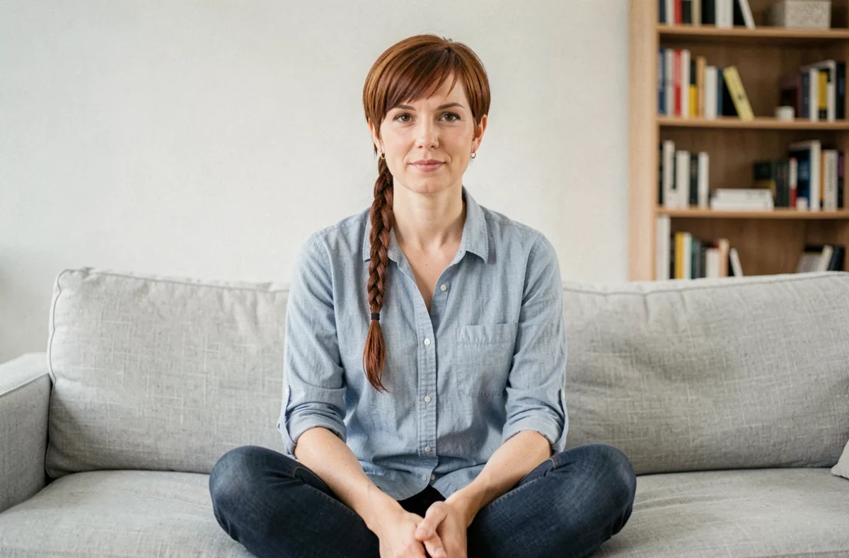 Femme aux cheveux courts auburn avec une tresse cascade assise sur un canapé gris dans un salon minimaliste