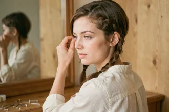 Jeune femme avec une courte tresse hollandaise sur cheveux courts bruns devant un miroir en bois